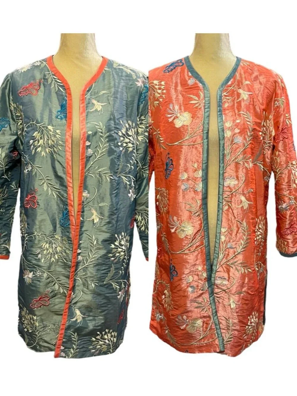 VTG Reversible Silk Embroidered Asian Open Jacket Floral Butterfly Boho SZ XL